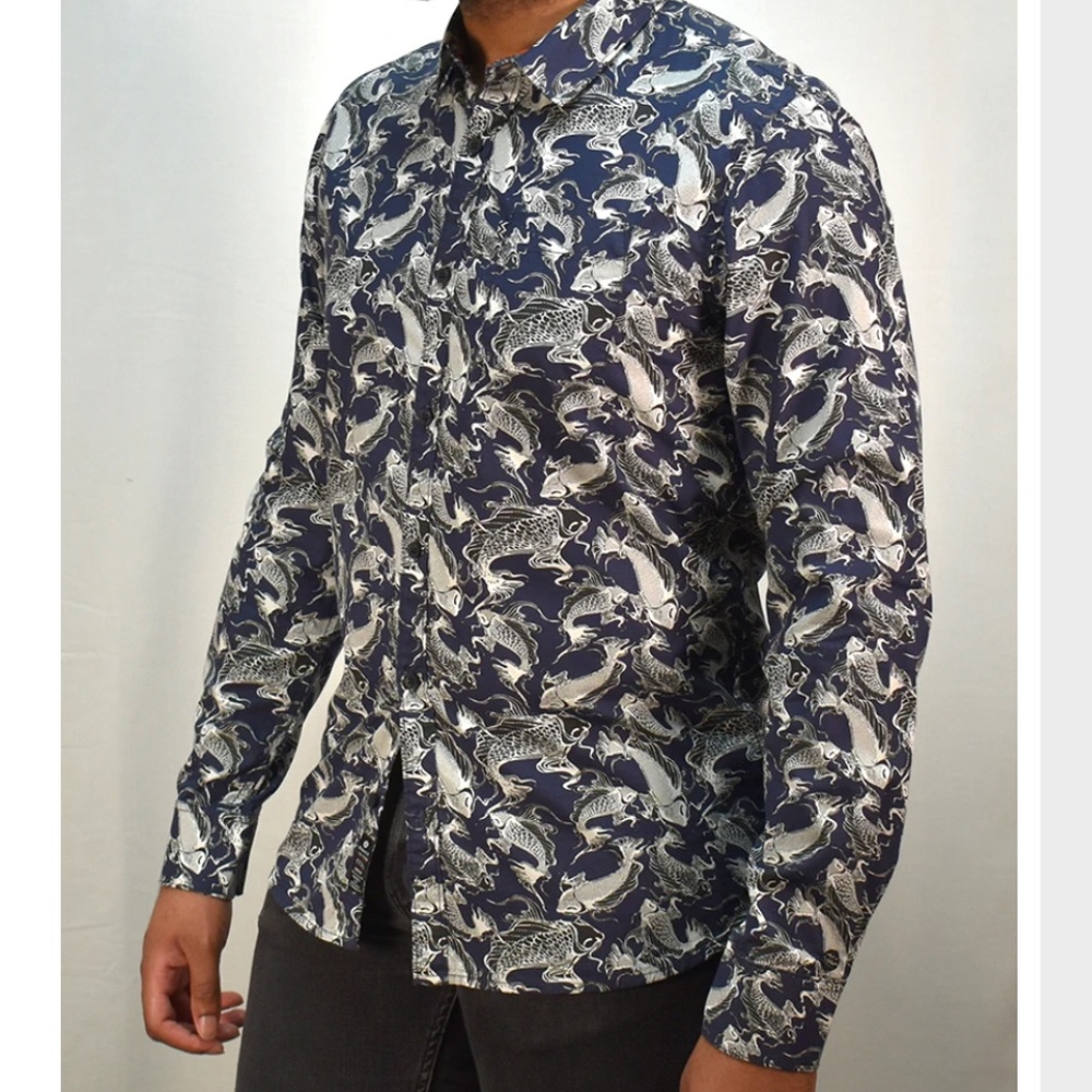 NWT Noize Amstrdm Navy Koi Long Sleeve Button Down